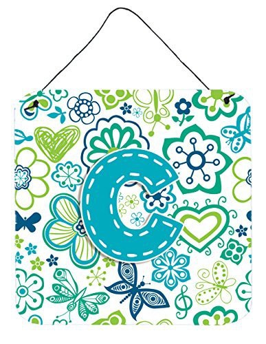 Caroline&#39;s Treasures Letter C Flowers And Butterflies Teal Blue Wall Or Door Hanging Prints, 6 X 6