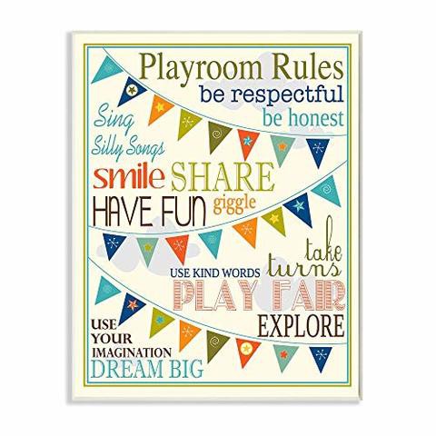 The Kids Room by Stupell Stupell Home D Cor Playroom Rules With Pennants In Blue Rectangle Wall Plaque, 10.25 X 0.5 X 14.75, Proudly Made In Usa