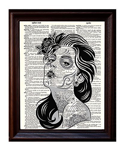 Fresh Prints of CT Dictionary Art Print - Day Of The Dead Sugar Skull Girl Large - Printed On Recycled Vintage Dictionary Paper - 8&quot;X11&quot; - Mixed Media