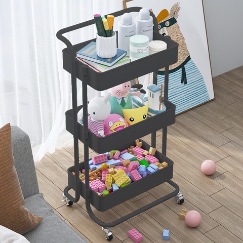 3-Tier Rolling Utility Carts Trolley Storage Cart with Handle Multifunctional Organization Cart with Brake Caster Wheels Kitchen Shelf Multifunctional Storage Rack with Net Basket Mass (black)