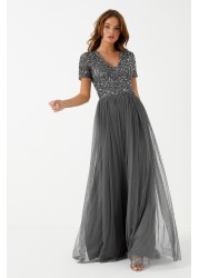 Maya V Neck Short Sleeve Sequin Maxi Dress Regular