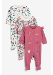 3 Pack Embroidered Detail Baby Sleepsuits (0-3yrs)