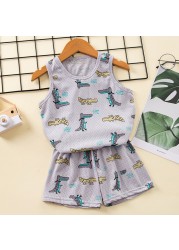 Baby Kids Pajamas Sets Cotton Boys Pajamas For Girls Sleeveless Hollow Dinosaur Tshirt Short Summer Pajama Suit Children Clothes