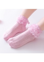 Breathable Cotton Socks with Lace for Little Girl Mesh Ruffle Socks for Kids White Pink Yellow Ankle Socks