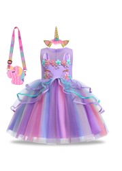 Summer Dress Girl Unicorn Cosplay Costume Children's Day Mesh Rainbow Tulle Princess Dress for Birthday Gift Kids Fashion Dress