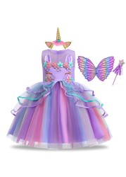 Summer Dress Girl Unicorn Cosplay Costume Children's Day Mesh Rainbow Tulle Princess Dress for Birthday Gift Kids Fashion Dress