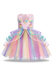 Summer Dress Girl Unicorn Cosplay Costume Children's Day Mesh Rainbow Tulle Princess Dress for Birthday Gift Kids Fashion Dress