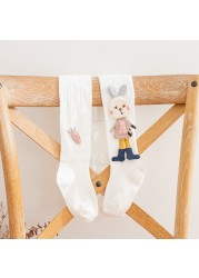 Cotton Tights for Girls Cute Cartoon Rabbit Children Pantyhose Soft Knitted Kids Tights Ribbed Striped Kids Stockings 3-12 Years