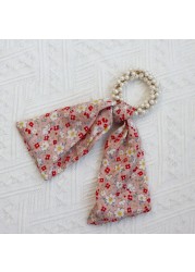 Fashion Women Pearl Hair Band Bandana Ropes Girl Bows Ponytail Scarf Ribbon Elastic Hair Accessories Scrunchie