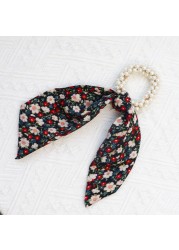 Fashion Women Pearl Hair Band Bandana Ropes Girl Bows Ponytail Scarf Ribbon Elastic Hair Accessories Scrunchie