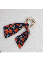 Fashion Women Pearl Hair Band Bandana Ropes Girl Bows Ponytail Scarf Ribbon Elastic Hair Accessories Scrunchie