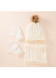 New Winter Hat Scarf Gloves Set For Kids 0-3 Years Boys Girls Children Cotton Warm Pom Poms Hat Sets Solid Color Cute Hat Scarf