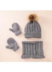 New Winter Hat Scarf Gloves Set For Kids 0-3 Years Boys Girls Children Cotton Warm Pom Poms Hat Sets Solid Color Cute Hat Scarf