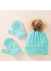 New Winter Hat Scarf Gloves Set For Kids 0-3 Years Boys Girls Children Cotton Warm Pom Poms Hat Sets Solid Color Cute Hat Scarf