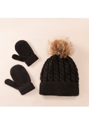 New Winter Hat Scarf Gloves Set For Kids 0-3 Years Boys Girls Children Cotton Warm Pom Poms Hat Sets Solid Color Cute Hat Scarf