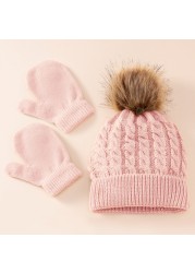 New Winter Hat Scarf Gloves Set For Kids 0-3 Years Boys Girls Children Cotton Warm Pom Poms Hat Sets Solid Color Cute Hat Scarf