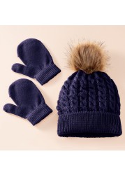 New Winter Hat Scarf Gloves Set For Kids 0-3 Years Boys Girls Children Cotton Warm Pom Poms Hat Sets Solid Color Cute Hat Scarf