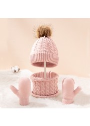 New Winter Hat Scarf Gloves Set For Kids 0-3 Years Boys Girls Children Cotton Warm Pom Poms Hat Sets Solid Color Cute Hat Scarf