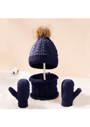 New Winter Hat Scarf Gloves Set For Kids 0-3 Years Boys Girls Children Cotton Warm Pom Poms Hat Sets Solid Color Cute Hat Scarf