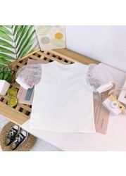 Fashion Summer Baby Girl Cotton T-Shirt Puff Sleeve Toddler Girl Pincess Lace Shirt Short Sleeve Round Neck Tee Solid Blouse