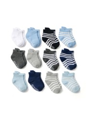 Baby Socks SkiBeaut 12 Pairs Non-Slip Skid Socks for Kids Boys Grips Cotton Crew Socks for 1-3/3-5 Years