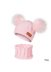 New Newborn Baby Kids Girls Boys Hat Scarf Winter Warm Knit Hat Furry Balls Pompom Solid Warm Cute Lovely Beanie Hat Gift Set