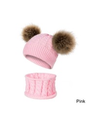 New Newborn Baby Kids Girls Boys Hat Scarf Winter Warm Knit Hat Furry Balls Pompom Solid Warm Cute Lovely Beanie Hat Gift Set