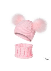 New Newborn Baby Kids Girls Boys Hat Scarf Winter Warm Knit Hat Furry Balls Pompom Solid Warm Cute Lovely Beanie Hat Gift Set