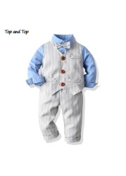 Best and top spring and autumn baby boy gentleman suit white shirt with bow tie striped jacket trousers 3pcs formal kids clothes set