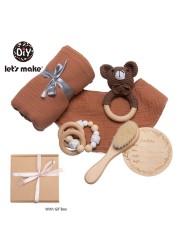 Let's Make Baby Bath Toy Set Double Sided Cotton Blanket Wooden Rattle Bracelet Crochet Toys Baby Birth Gift Products For Kids