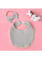 2pcs Baby Saliva Towel With Hairband Set Newborn Soft Cotton Gauze Lace Bib Infant Gauze Saliva Suqare Stuff Burp Cloth Kit