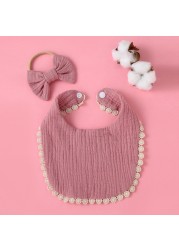 2pcs Baby Saliva Towel With Hairband Set Newborn Soft Cotton Gauze Lace Bib Infant Gauze Saliva Suqare Stuff Burp Cloth Kit