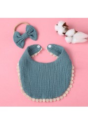 2pcs Baby Saliva Towel With Hairband Set Newborn Soft Cotton Gauze Lace Bib Infant Gauze Saliva Suqare Stuff Burp Cloth Kit