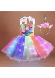 Girl Unicorn Dresses for Girls Tutu Princess Party Dresses with LED Lights Flower Birthday Party Cosplay Costume Girls Clothing