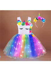 Girl Unicorn Dresses for Girls Tutu Princess Party Dresses with LED Lights Flower Birthday Party Cosplay Costume Girls Clothing