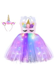 Girl Unicorn Dresses for Girls Tutu Princess Party Dresses with LED Lights Flower Birthday Party Cosplay Costume Girls Clothing