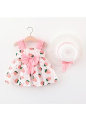 Summer Toddler Infant Girl Clothes Set Baby BeBe Beach Dresses Cute Bow Plaid Sleeveless Cotton Newborn Princess Dress+Sunhat