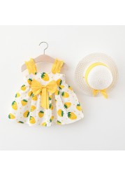 Summer Toddler Infant Girl Clothes Set Baby BeBe Beach Dresses Cute Bow Plaid Sleeveless Cotton Newborn Princess Dress+Sunhat