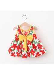 Summer Toddler Infant Girl Clothes Set Baby BeBe Beach Dresses Cute Bow Plaid Sleeveless Cotton Newborn Princess Dress+Sunhat