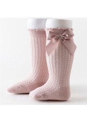 Newborn Baby Girls Solid Bow-knot Socks Breathable Mesh Cotton Knee High Leg Warmer Summer Infant Baby Soft Socks Clothes