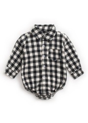 2022 Newborn Plaid Long Sleeve Baby Shirt Spring Autumn Turn-down Collar Front Pocket Shirt Baby Bodysuit Shirt