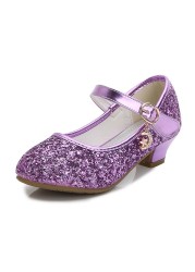 ULKNN Girls Purple High Heels Kids Princess Red Leather Shoes Children Party Wedding Shoes Round Toe 1-3cm