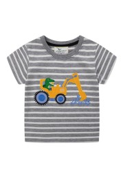 Boys Summer Clothes Children T-shirt Dinosaur Printing Kids Striped Embroidery Tops Boy Cotton T-Shirts Baby Cartoon Tee Clothes