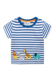 Boys Summer Clothes Children T-shirt Dinosaur Printing Kids Striped Embroidery Tops Boy Cotton T-Shirts Baby Cartoon Tee Clothes