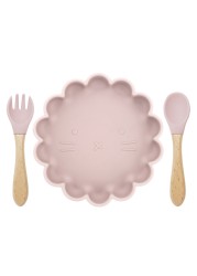 Children's Silicone Dinner Plate Strong Sucker Cartoon Lion Baby Feeding Set BPA Free Wooden Handle Fork Spoon Baby Shower Gift