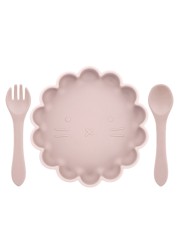 Children's Silicone Dinner Plate Strong Sucker Cartoon Lion Baby Feeding Set BPA Free Wooden Handle Fork Spoon Baby Shower Gift