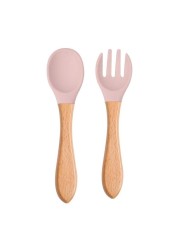 2pcs Silicone Baby Tips Feeding Training Spoon and Fork Set with Wooden Handle Toddlers Babies Eat Standalone Accessory