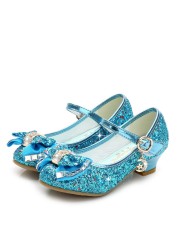 ULKNN-Girls Princess Leather Shoes Casual Floral Sequin High Heel Butterfly Bowknot Shoes Blue Pink Silver