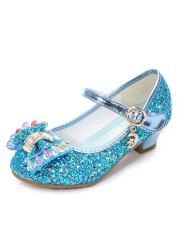 ULKNN-Girls Princess Leather Shoes Casual Floral Sequin High Heel Butterfly Bowknot Shoes Blue Pink Silver