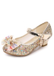 ULKNN-Girls Princess Leather Shoes Casual Floral Sequin High Heel Butterfly Bowknot Shoes Blue Pink Silver